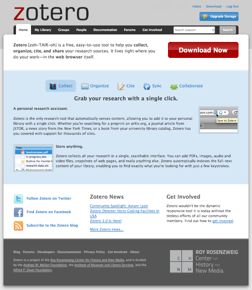 Zotero > Homepage [screenshot], URL: <http://www.zotero.com> (accesso del 23.06.2012)