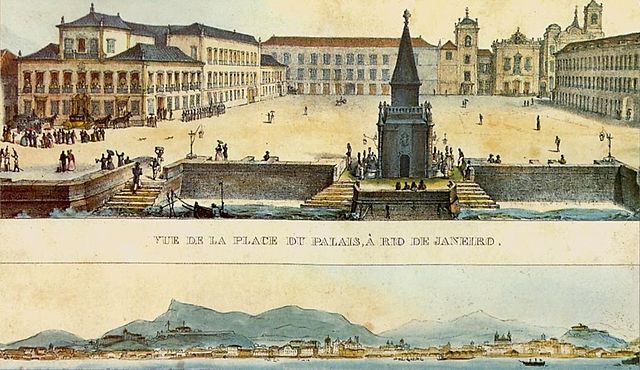 Jean-Baptiste Debret (1768-1848), "Vue de la Place du Palais, à Rio de Janeiro", 1839. Litografia su carta, 20×37 cm. Providence, John Carter Brown Library, Brown University (riproduzione fotografica tratta da CAVALCANTI, Lauro, "Paço Imperial", Rio de Janeiro, Sextante Artes, 1999, attraverso Wikimedia Commons [Public domain])