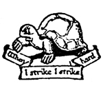 Simbolo della Fabian Society: la "Tortoise" («Testuggine») accompagnata dal motto "When I strike, I strike hard" («Quando colpisco/faccio sciopero, colpisco/faccio sciopero duramente»)