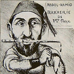 Rostro? (?-?), "Caricatura di Abdul Hamid II", s.d. Matita su carta, 14×9 cm. S.l., s.c. (attraverso Wikimedia Commons [Public domain])