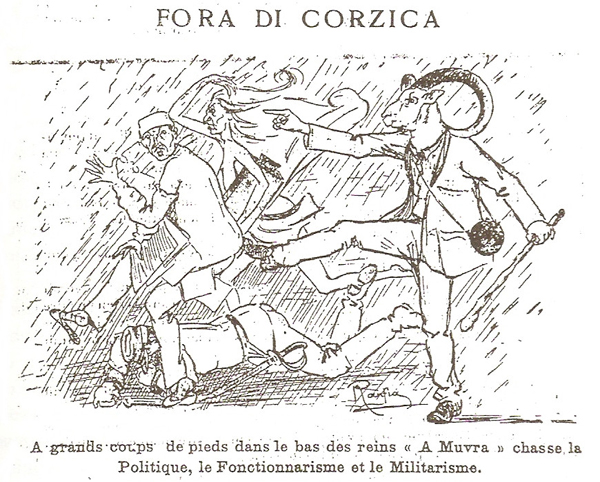 Ranfia (Dominique Massa), "Fora di Corzica", 1921. Caricatura apparsa sulla rivista «A Muvra», 22 settembre 1921, p. 1 (© L’immagine appartiene ai rispettivi proprietari / Property of its respective owners)