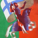 Eduardo Anahory (1917-1985), Senza titolo, 1939 ca. Litografia su carta, 21×12,5 cm. Illustrazione riportata sulla copertina della "Guia Oficial da Exposição do Mundo Português", Lisboa, s.e., 1940 (attraverso Wikimedia Commons [Public domain])