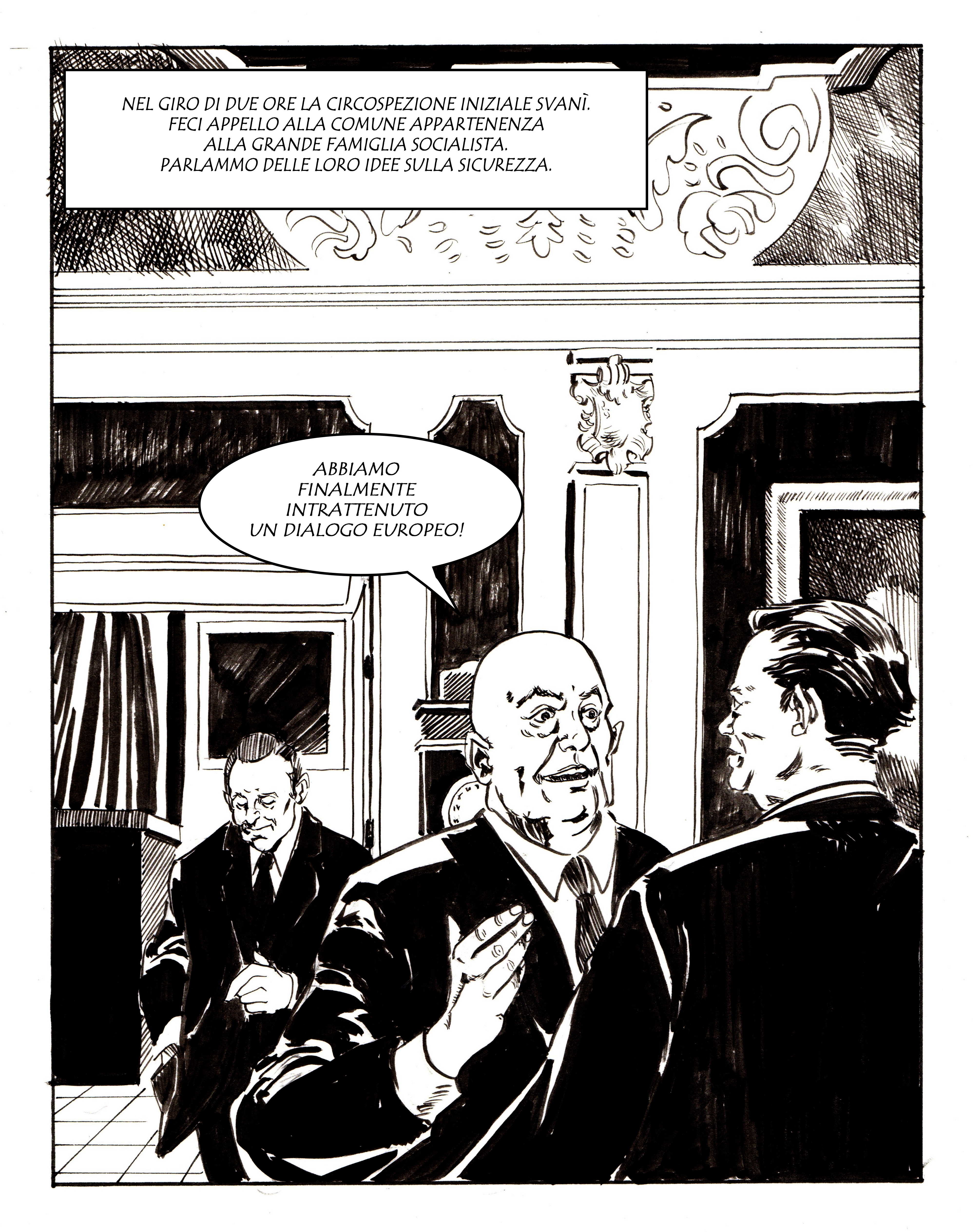 Josef Cyrankiewicz al termine della discussione con Willy Brandt. Disegno di Giulia Giaccaglia ©