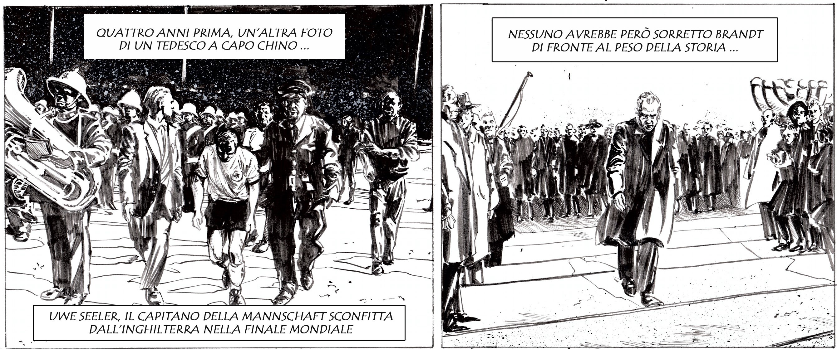Due prostrazioni diverse, lo stesso paese: Uwe Seeler a Londra, nel 1966, Willy Brandt a Varsavia, nel 1970. Disegno di Giulia Giaccaglia ©