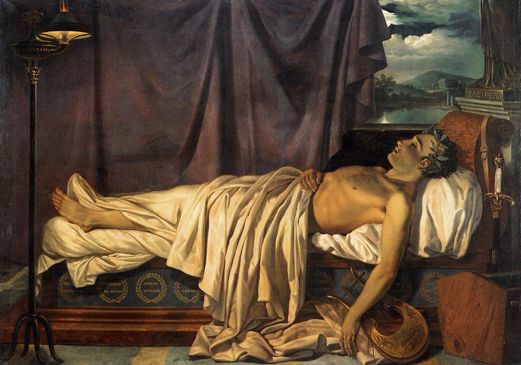 Joseph Denis Odevaere, Lord Byron on his Death-bed, olio su tela, 1826 (via Wikimedia Commons [CC BY-SA 3.0])