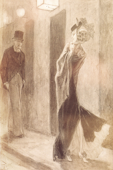 Félicien Rops (1833-1898), "Parodie humaine", 1878-1881. Matita e gessetto su carta, 22,5×15,5 cm. Parigi, collezione privata (attraverso Wikimedia Commons [Public domain])