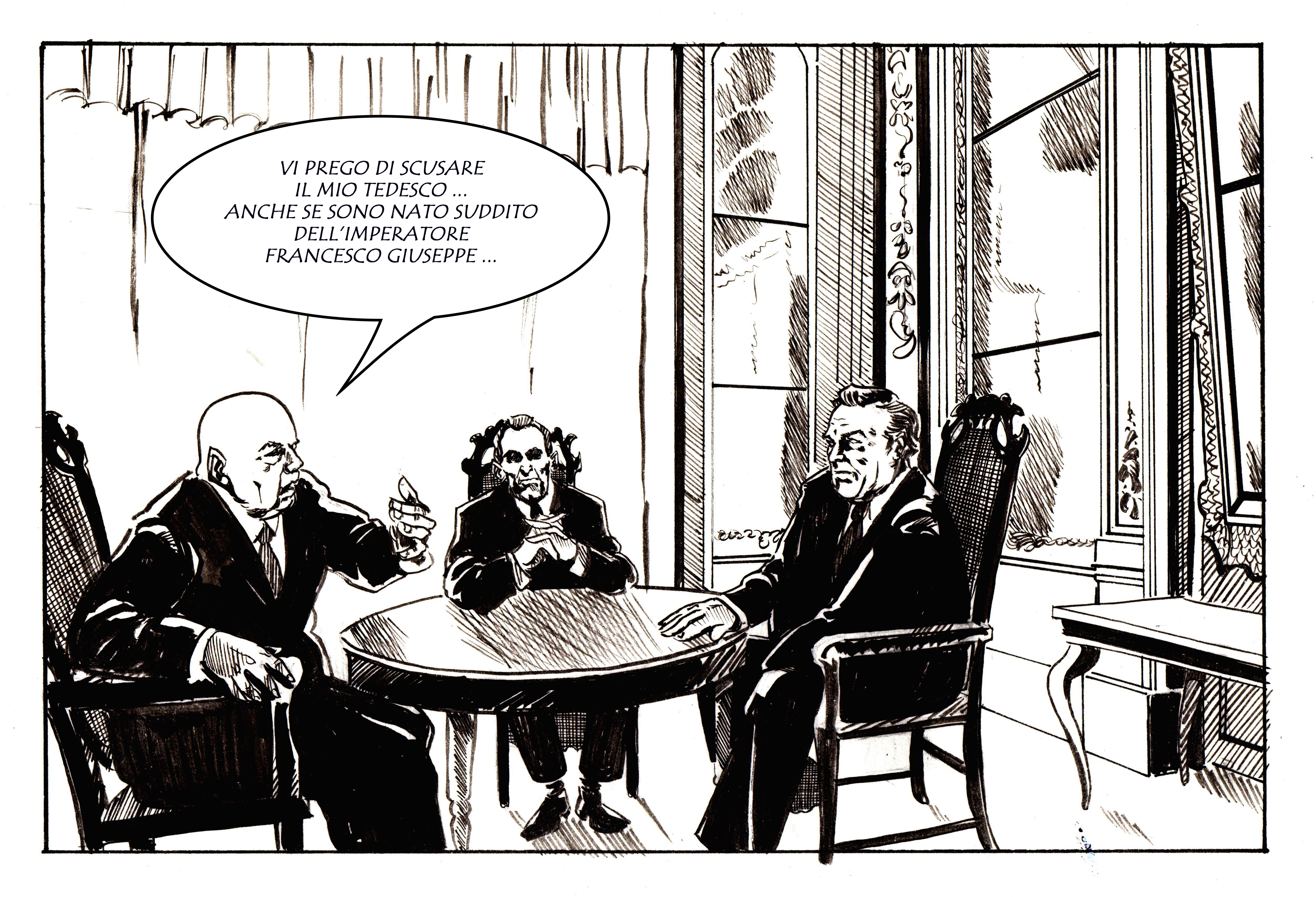Josef Cyrankiewicz a colloquio con Egon Bahr e Willy Brandt. Disegno di Giulia Giaccaglia ©