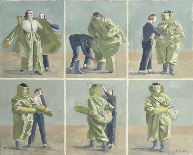 "Putting on Anti-gas Protective Clothing (Art.IWM ART LD 247)" by IWM / Evelyn Dunbar (1906–1960) via Wikimedia Commons (Public Domain)