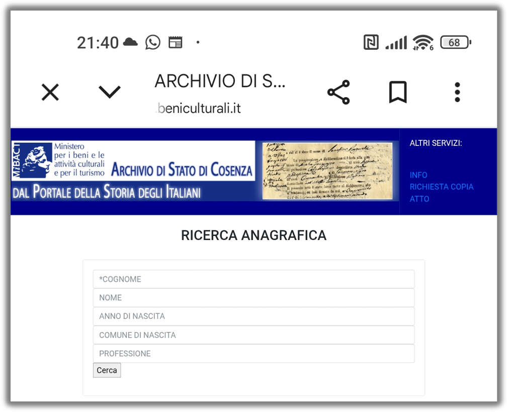 Immagine 1: Screenshot della pagina di consultazione dei dati del Portale della storia degli italiani, Banca dati di Cosenza, sul sito https://www.postercosenza.beniculturali.it/. Fonte: G. Vecchio. Riproduzione autorizzata dall'autore.