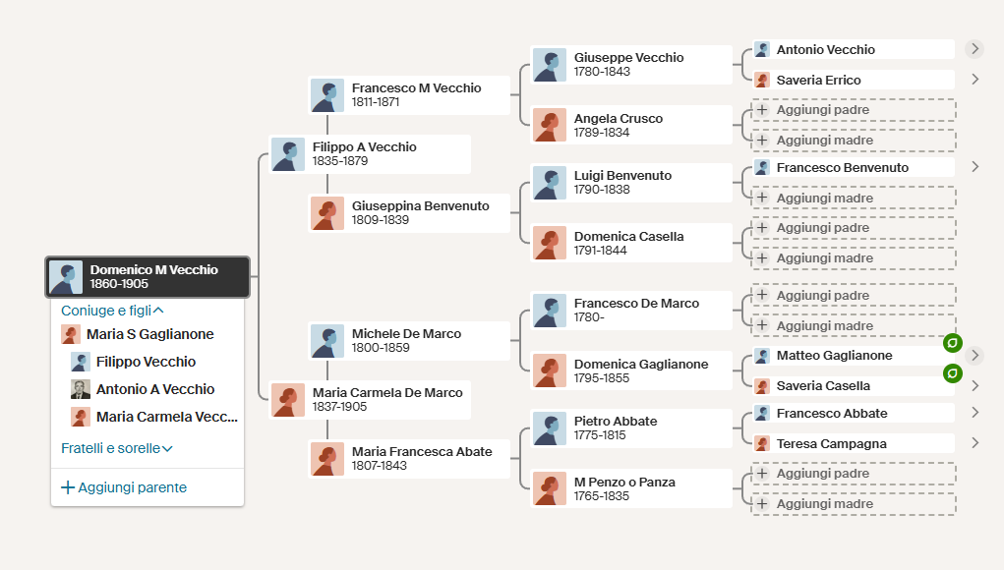 Immagine 2: Esempio di albero genealogico realizzato sul sito web Ancestry. Screenshot parziale del mio albero genealogico ascendente a partire da uno dei miei bisnonni. Fonte: G. Vecchio. Riproduzione autorizzata dall'autore.