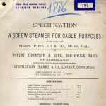 Cantiere Thompson, Sunderland, frontespizio delle specifiche tecniche di un piroscafo cablografico per la Ditta Pirelli. 1886